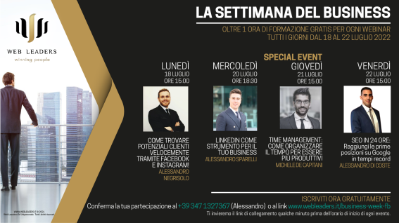 La settimana del business dal 18 luglio al 22 luglio, webinar gratuiti sul web marketing